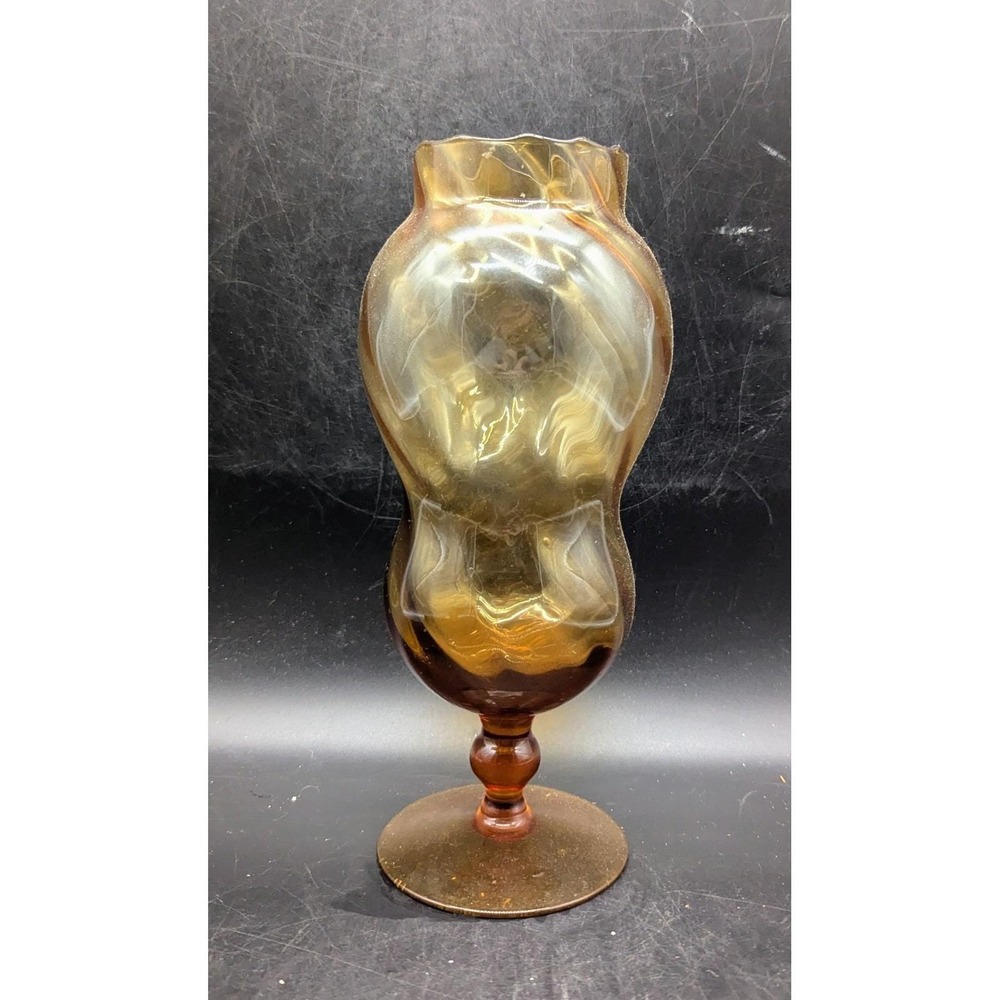 Vintage MCM Empoli Italy Glass‎ Amber Optic 9.25" Pedestal Apothecary Jar No Lid